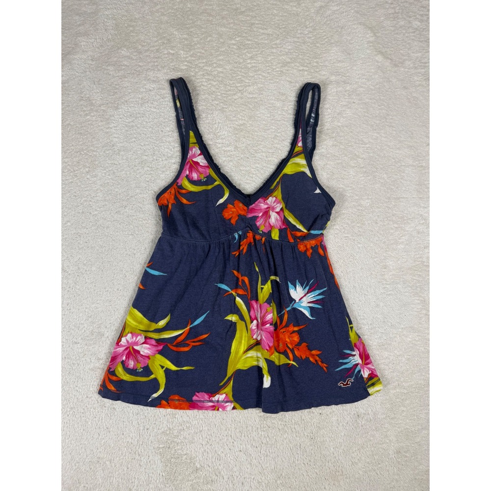 Hollister Babydoll Tank Top Womens Medium Blue Tropical Floral Good Y2K Summer
